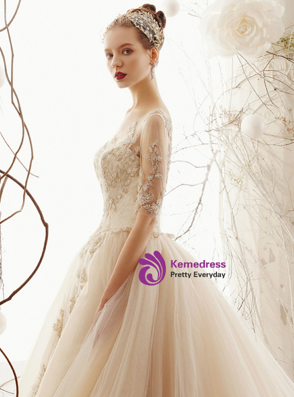 Shop 2019 Long & Short Champagne Ball Gown Tulle Appliques Short Sleeve Wedding Dress With Long Train With Factory Price From Kemedress