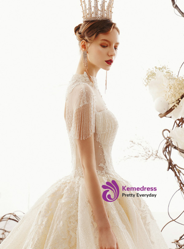 Shop 2019 Long & Short Champagne Tulle Sequins High Neck Backless Beading Wedding Dress With Long Train With Factory Price From Kemedress