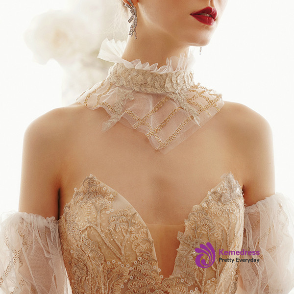 Shop 2019 Long & Short Champagne Tulle Sweetheart Puff Sleeve Appliques Wedding Dress With Long Train With Factory Price From Kemedress