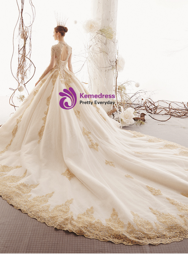 Shop 2019 Long & Short Champagne Ball Gown Tulle V-neck Long Sleeve Appliques Wedding Dress With Factory Price From Kemedress