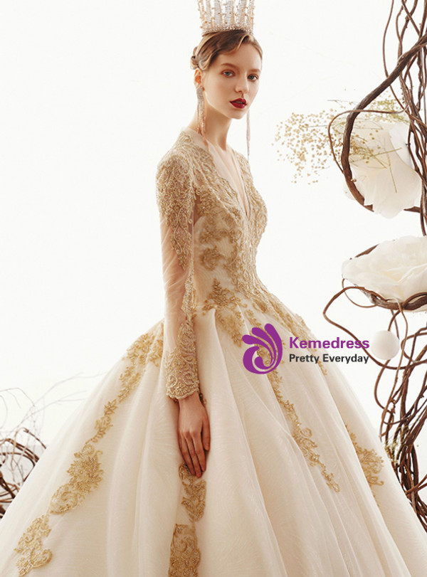 Shop 2019 Long & Short Champagne Ball Gown Tulle V-neck Long Sleeve Appliques Wedding Dress With Factory Price From Kemedress