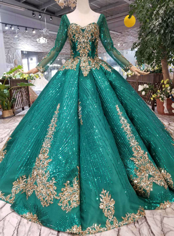 Shop 2019 Long & Short Green Ball Gown Sequins Long Sleeve Square Neck Colorful Wedding Dress With Factory Price From Kemedress