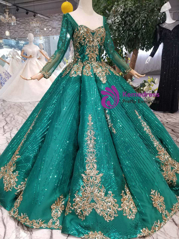 Shop 2019 Long & Short Green Ball Gown Sequins Long Sleeve Square Neck Colorful Wedding Dress With Factory Price From Kemedress