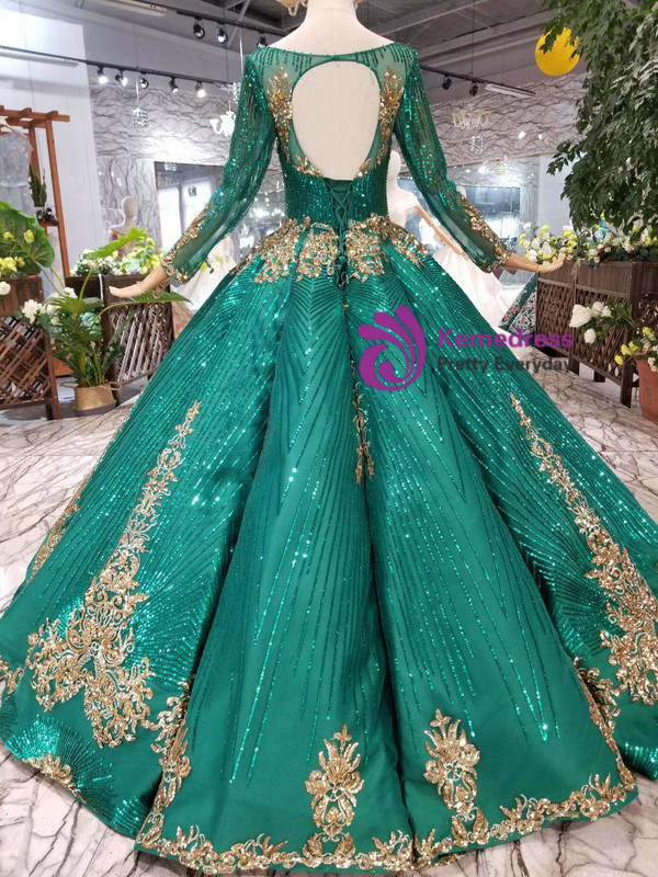 Shop 2019 Long & Short Green Ball Gown Sequins Long Sleeve Square Neck Colorful Wedding Dress With Factory Price From Kemedress