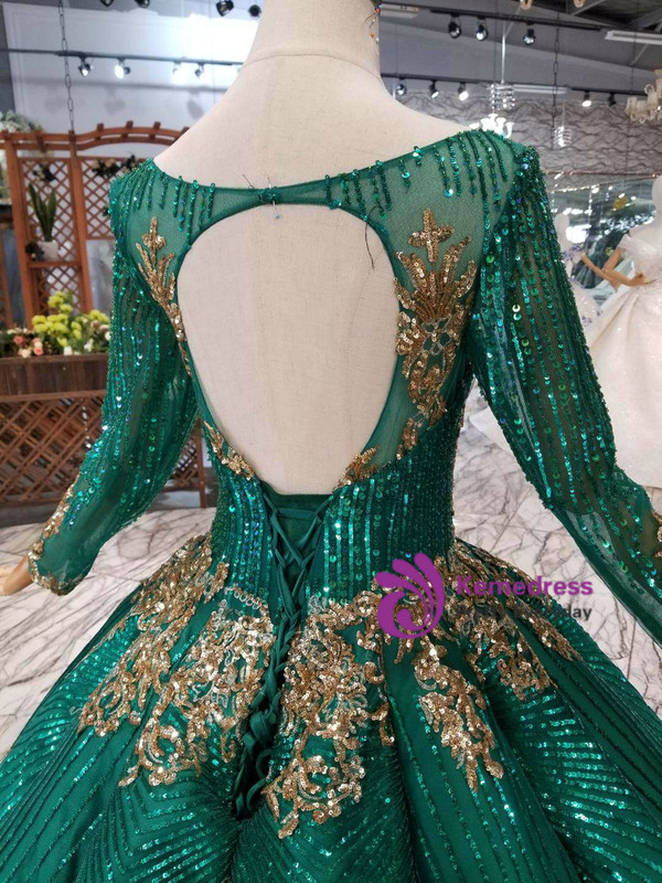 Shop 2019 Long & Short Green Ball Gown Sequins Long Sleeve Square Neck Colorful Wedding Dress With Factory Price From Kemedress