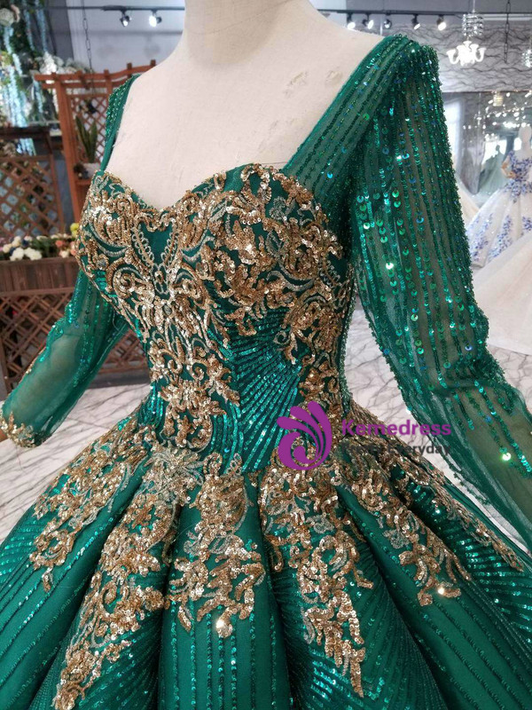 Shop 2019 Long & Short Green Ball Gown Sequins Long Sleeve Square Neck Colorful Wedding Dress With Factory Price From Kemedress