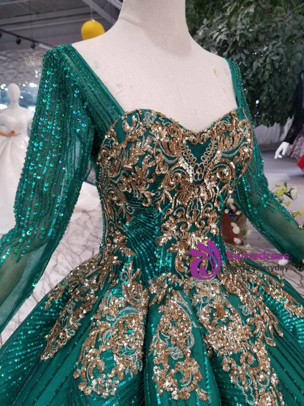 Shop 2019 Long & Short Green Ball Gown Sequins Long Sleeve Square Neck Colorful Wedding Dress With Factory Price From Kemedress