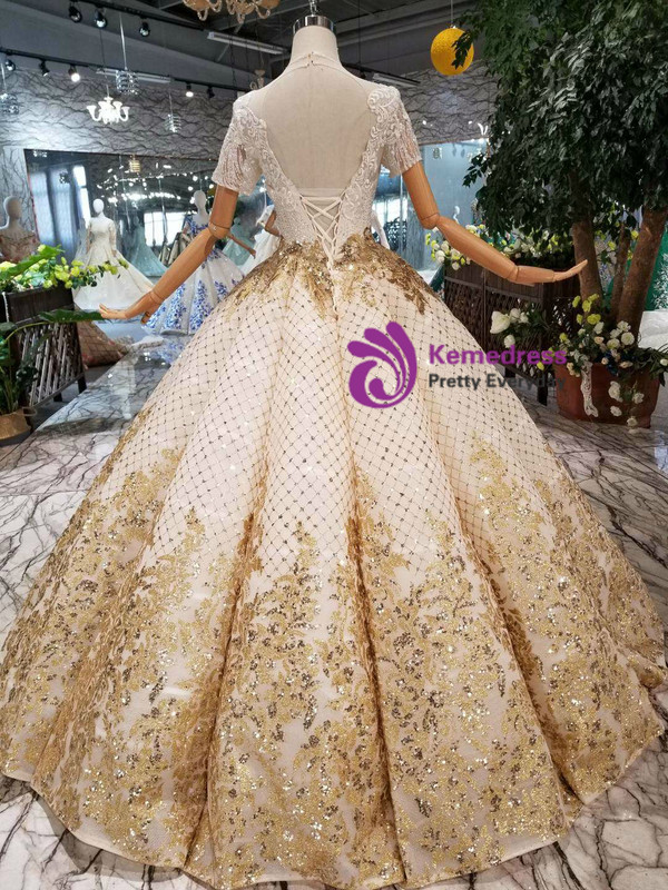 Shop 2019 Long & Short Champagne Ball Gown Sequins Short Sleeve Sequins Appliques Wedding Dress With Factory Price From Kemedress