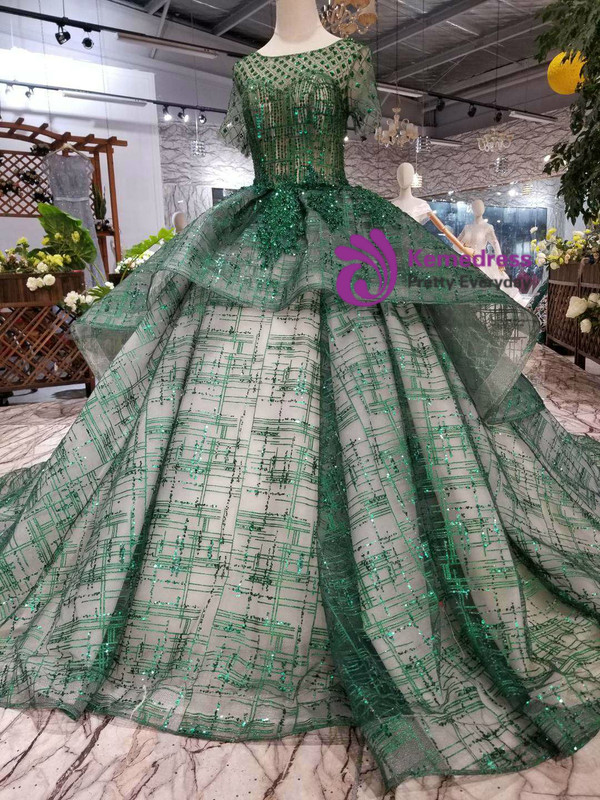 Shop 2019 Long & Short Green Ball Gown Sequins Short Sleeve Wedding Dress With Long Train With Factory Price From Kemedress