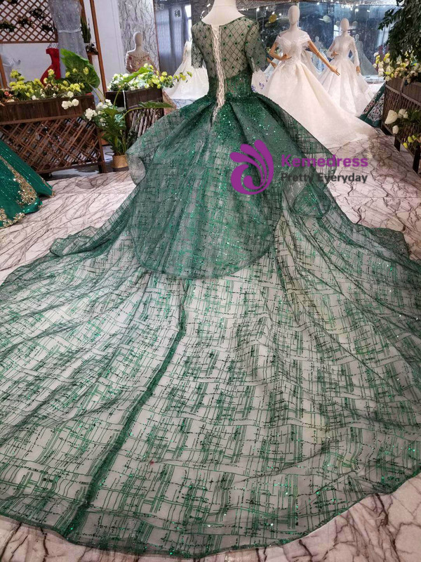 Shop 2019 Long & Short Green Ball Gown Sequins Short Sleeve Wedding Dress With Long Train With Factory Price From Kemedress