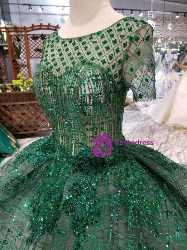 Shop 2019 Long & Short Green Ball Gown Sequins Short Sleeve Wedding Dress With Long Train With Factory Price From Kemedress