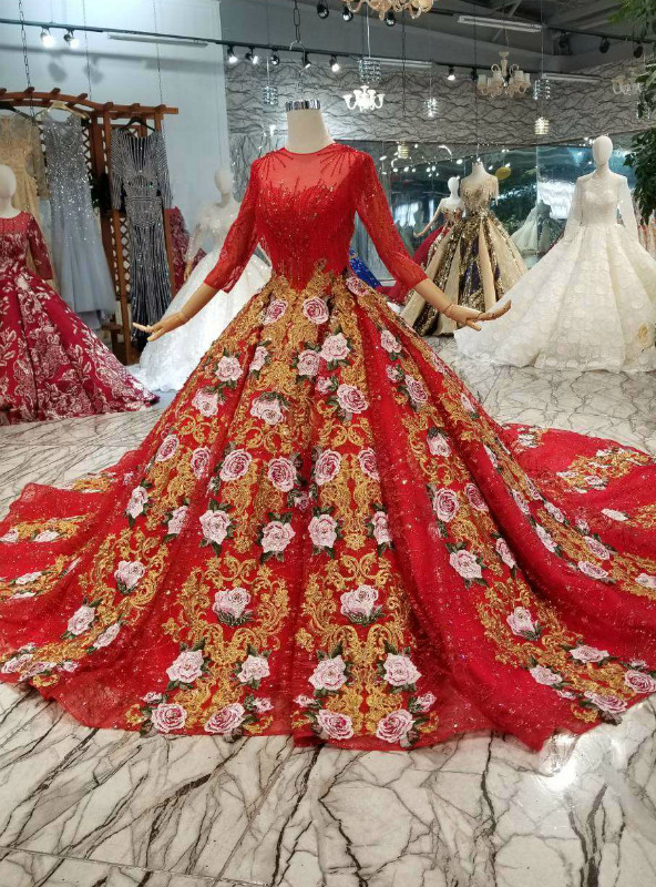 Shop 2019 Long & Short Red Ball Gown Sequins Embroidery 3/4 Sleeve Wedding Dress With Long Train With Factory Price From Kemedress