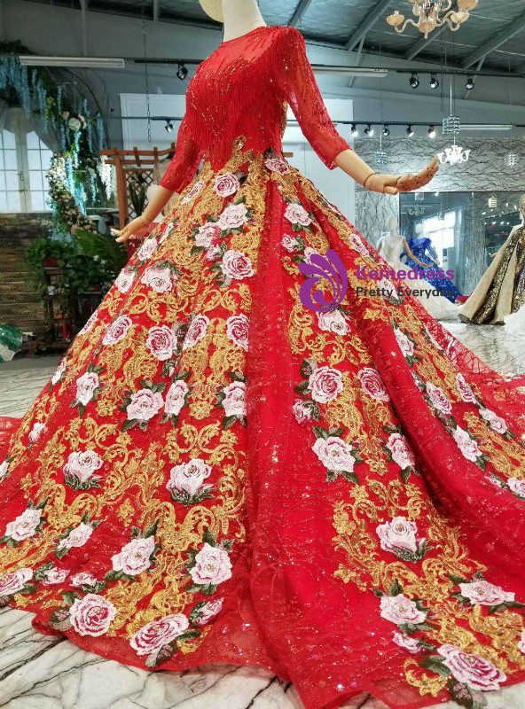 Shop 2019 Long & Short Red Ball Gown Sequins Embroidery 3/4 Sleeve Wedding Dress With Long Train With Factory Price From Kemedress