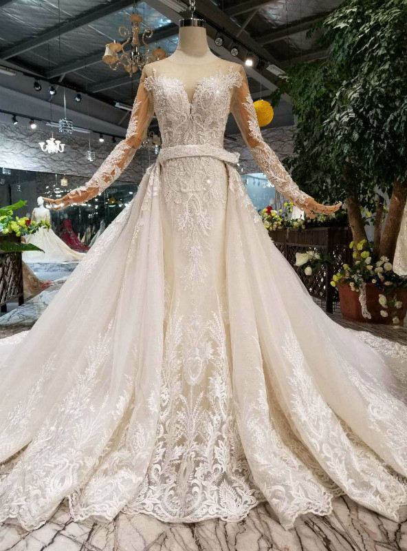 Shop 2019 Long & Short Champagne Tulle Sequins Appliques Long Sleeve Beading Wedding Dress With Removable Train With Factory Price From Kemedress