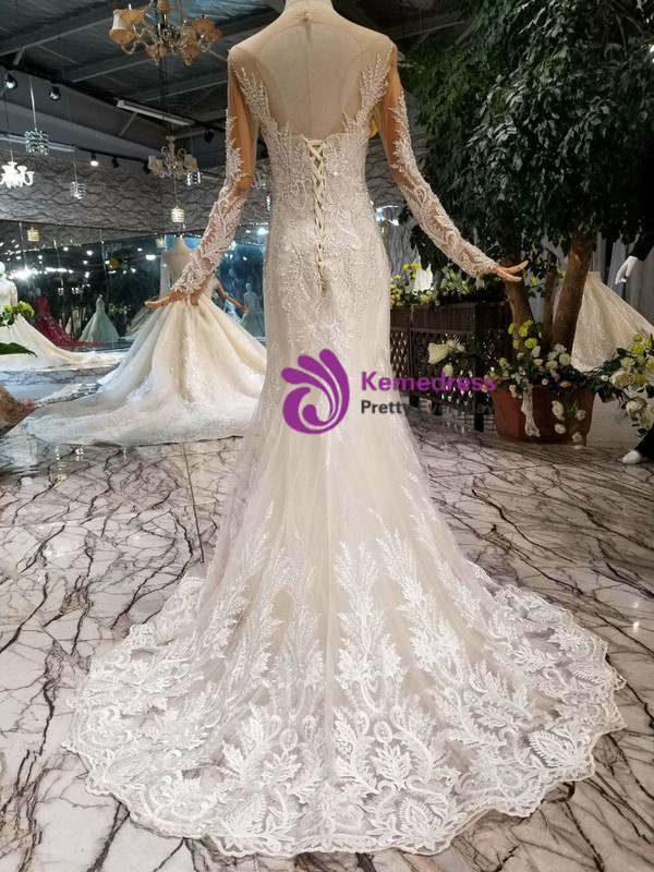 Champagne Tulle Sequins Appliques Long Sleeve Beading Wedding Dress With Removable Train