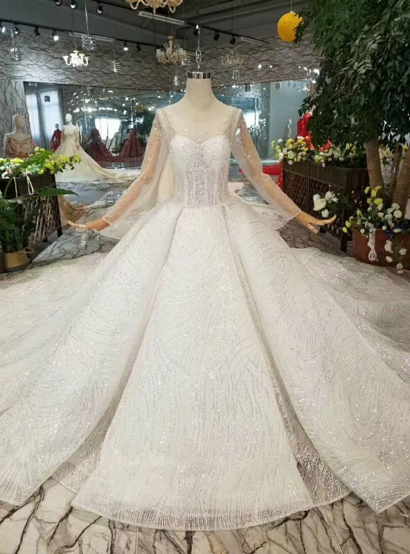 Shop 2019 Long & Short Light Champagne Tulle Sequins Bateau Long Sleeve Wedding Dress With Beading With Factory Price From Kemedress