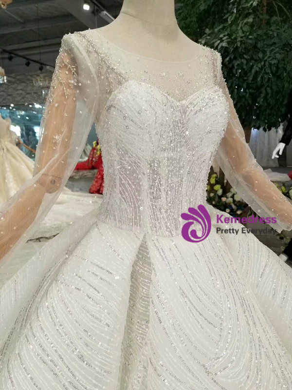 Shop 2019 Long & Short Light Champagne Tulle Sequins Bateau Long Sleeve Wedding Dress With Beading With Factory Price From Kemedress