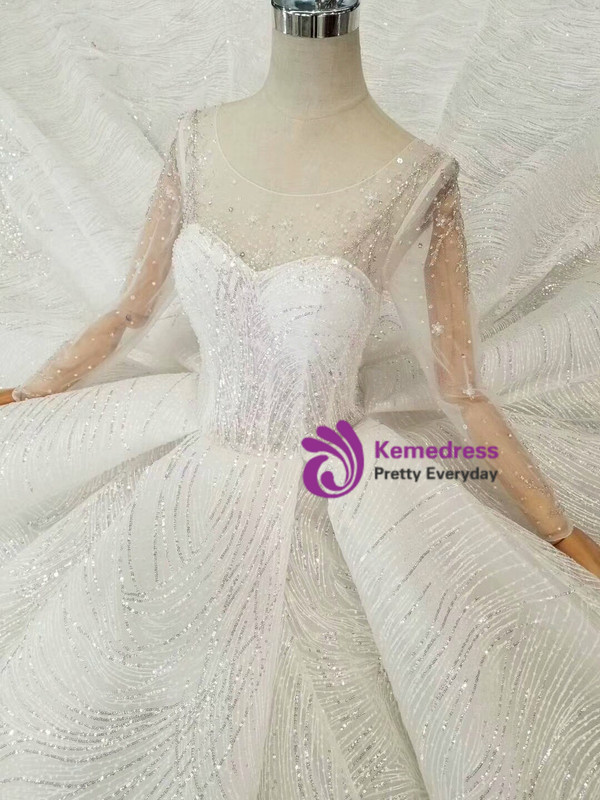 Shop 2019 Long & Short Light Champagne Tulle Sequins Bateau Long Sleeve Wedding Dress With Beading With Factory Price From Kemedress