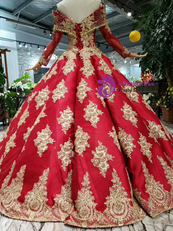 Shop 2019 Long & Short Red Ball Gown Gold Appliques Off The Shoulder Beading Wedding Dress With Factory Price From Kemedress