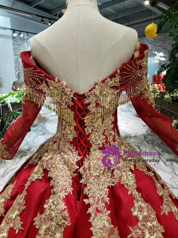 Shop 2019 Long & Short Red Ball Gown Gold Appliques Off The Shoulder Beading Wedding Dress With Factory Price From Kemedress