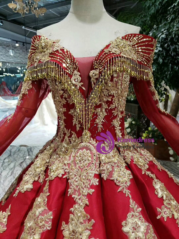 Shop 2019 Long & Short Red Ball Gown Gold Appliques Off The Shoulder Beading Wedding Dress With Factory Price From Kemedress