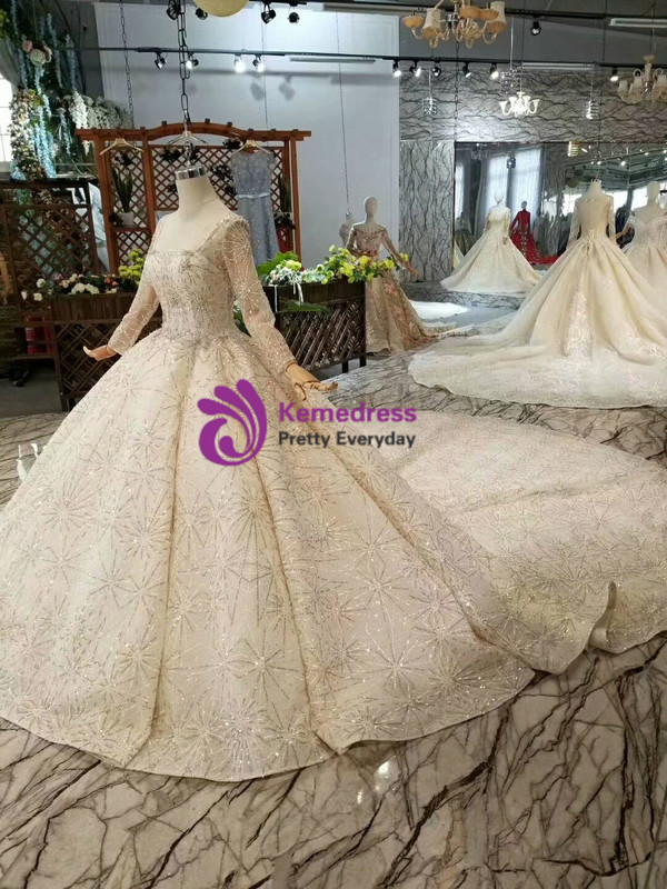 Shop 2019 Long & Short Champagne Ball Gown Sequins Square Long Sleeve Beading Wedding Dress With Long Train With Factory Price From Kemedress