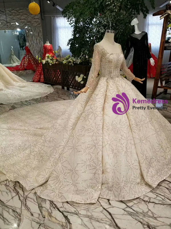 Shop 2019 Long & Short Champagne Ball Gown Sequins Square Long Sleeve Beading Wedding Dress With Long Train With Factory Price From Kemedress