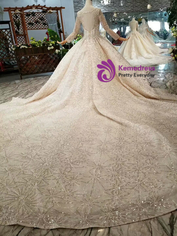 Shop 2019 Long & Short Champagne Ball Gown Sequins Square Long Sleeve Beading Wedding Dress With Long Train With Factory Price From Kemedress