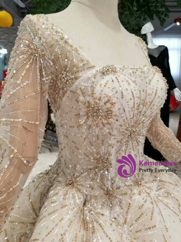 Shop 2019 Long & Short Champagne Ball Gown Sequins Square Long Sleeve Beading Wedding Dress With Long Train With Factory Price From Kemedress