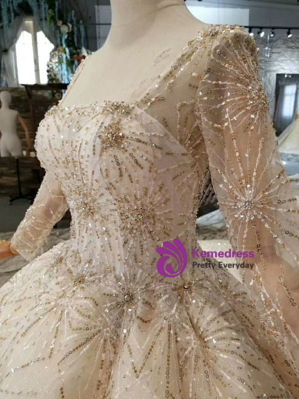 Shop 2019 Long & Short Champagne Ball Gown Sequins Square Long Sleeve Beading Wedding Dress With Long Train With Factory Price From Kemedress