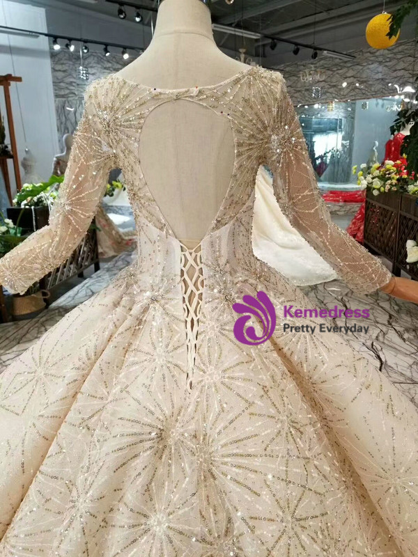 Shop 2019 Long & Short Champagne Ball Gown Sequins Square Long Sleeve Beading Wedding Dress With Long Train With Factory Price From Kemedress