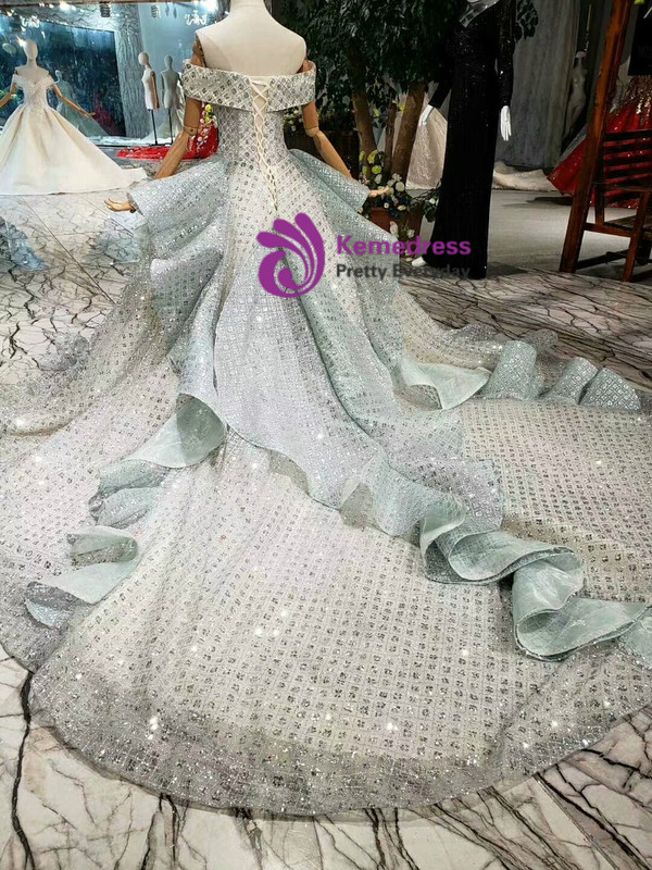 Shop 2019 Long & Short Silver Gray Ball Gown Tulle Sequins Off The Shoulder Wedding Dress With Long Train With Factory Price From Kemedress