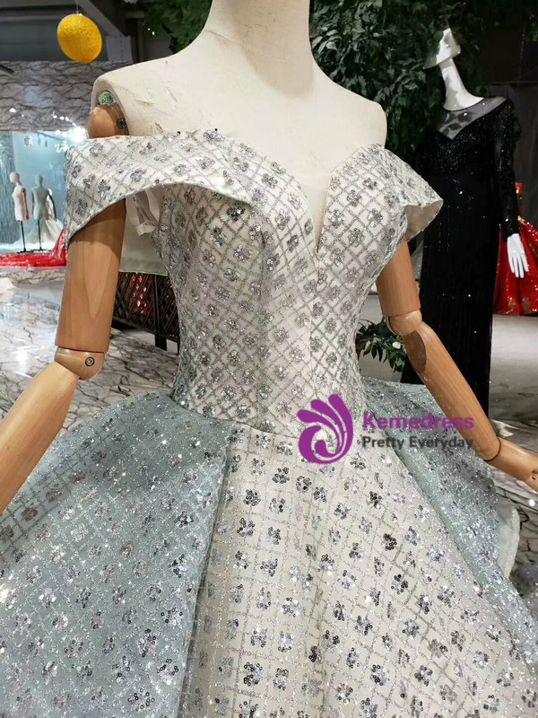 Shop 2019 Long & Short Silver Gray Ball Gown Tulle Sequins Off The Shoulder Wedding Dress With Long Train With Factory Price From Kemedress