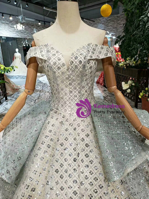 Shop 2019 Long & Short Silver Gray Ball Gown Tulle Sequins Off The Shoulder Wedding Dress With Long Train With Factory Price From Kemedress