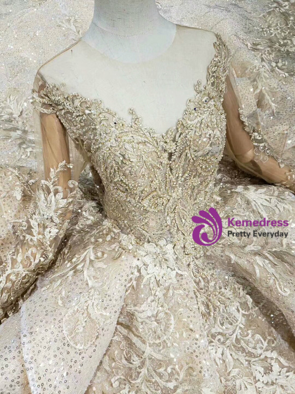 Shop 2019 Long & Short Luxury Champagne Gold Sequins Long Sleeve Appliques Wedding Dress  With Factory Price From Kemedress