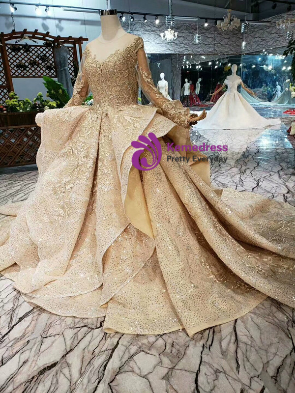 Shop 2019 Long & Short Luxury Champagne Gold Sequins Long Sleeve Appliques Wedding Dress  With Factory Price From Kemedress