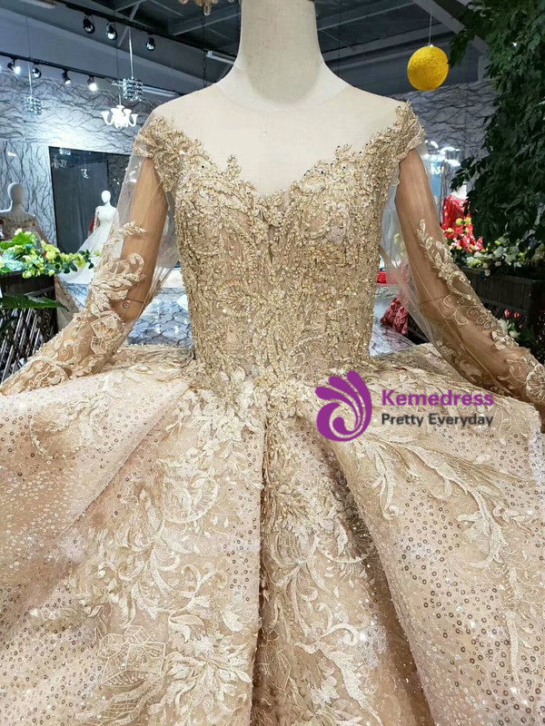 Shop 2019 Long & Short Luxury Champagne Gold Sequins Long Sleeve Appliques Wedding Dress  With Factory Price From Kemedress