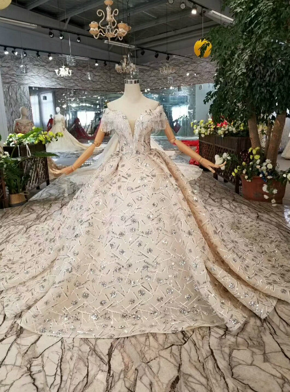 Shop 2019 Long & Short Champagne Ball Gown Sequins Off The Shoulder Beading Wedding Dress With Factory Price From Kemedress