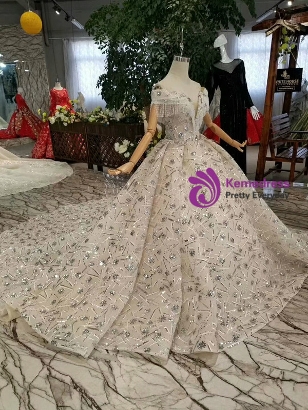 Shop 2019 Long & Short Champagne Ball Gown Sequins Off The Shoulder Beading Wedding Dress With Factory Price From Kemedress