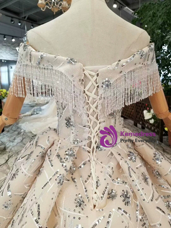 Shop 2019 Long & Short Champagne Ball Gown Sequins Off The Shoulder Beading Wedding Dress With Factory Price From Kemedress