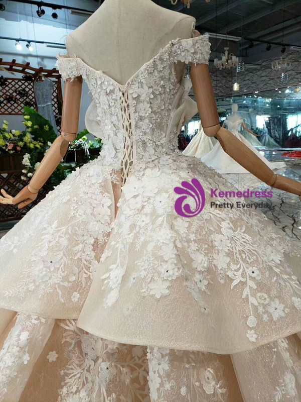 Shop 2019 Long & Short Champagne Tulle Appliques Off The Shoulder Wedding Dress With Long Train With Factory Price From Kemedress