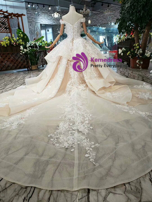 Shop 2019 Long & Short Champagne Tulle Appliques Off The Shoulder Wedding Dress With Long Train With Factory Price From Kemedress
