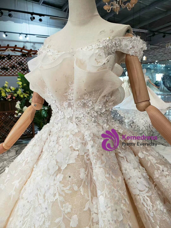 Shop 2019 Long & Short Champagne Tulle Appliques Off The Shoulder Wedding Dress With Long Train With Factory Price From Kemedress