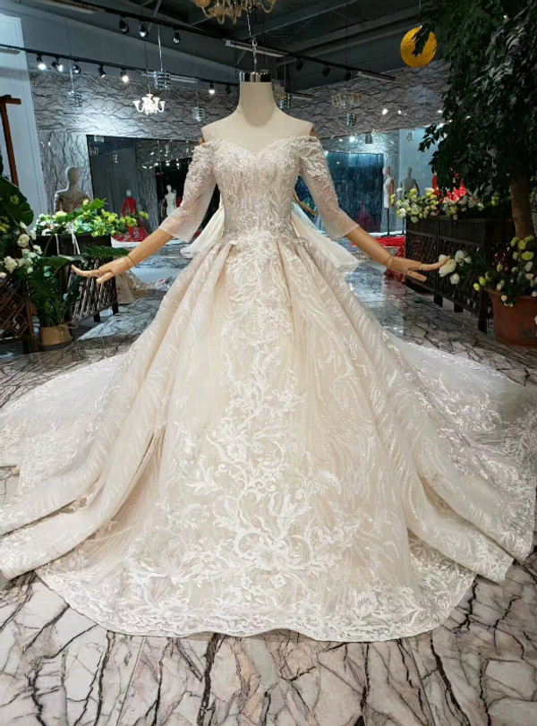 Shop 2019 Long & Short Champagne Ball Gown Tulle Lace Appliques Off The Shoulder Short Sleeve Wedding Dress With Factory Price From Kemedress