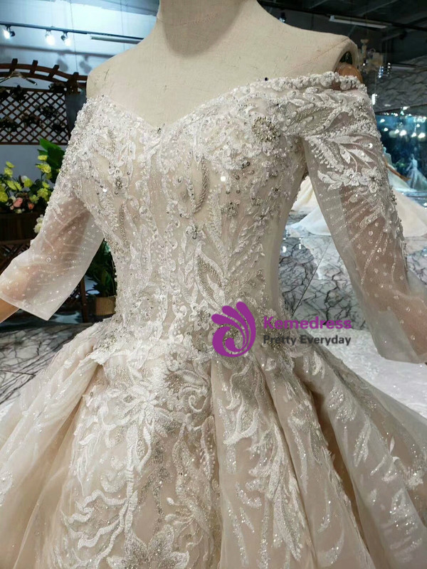 Shop 2019 Long & Short Champagne Ball Gown Tulle Lace Appliques Off The Shoulder Short Sleeve Wedding Dress With Factory Price From Kemedress
