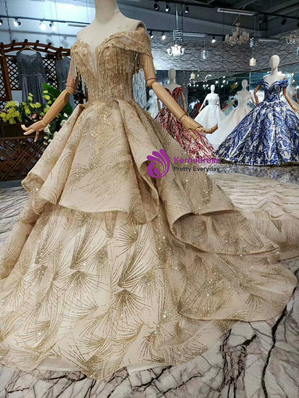 Shop 2019 Long & Short Champagne Gold Ball Gown Sequins Off the Shoulder Beading Wedding Dress With Factory Price From Kemedress