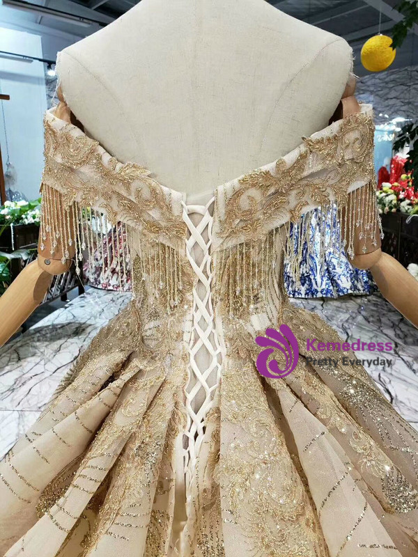 Shop 2019 Long & Short Champagne Gold Ball Gown Sequins Off the Shoulder Beading Wedding Dress With Factory Price From Kemedress