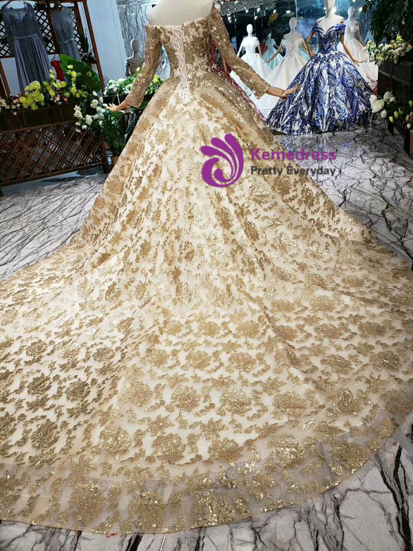 Shop 2019 Long & Short Champagne Gold Sequins Off the Shoulder Long Sleeve Wedding Dress With Factory Price From Kemedress