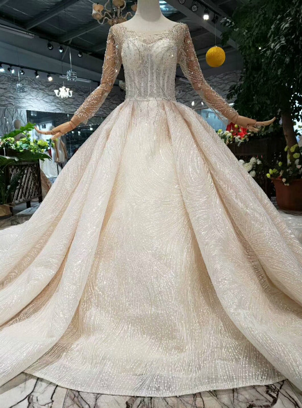Shop 2019 Long & Short Champagne Tulle Sequins Bateau Long Sleeve Backless Wedding Dress With Factory Price From Kemedress