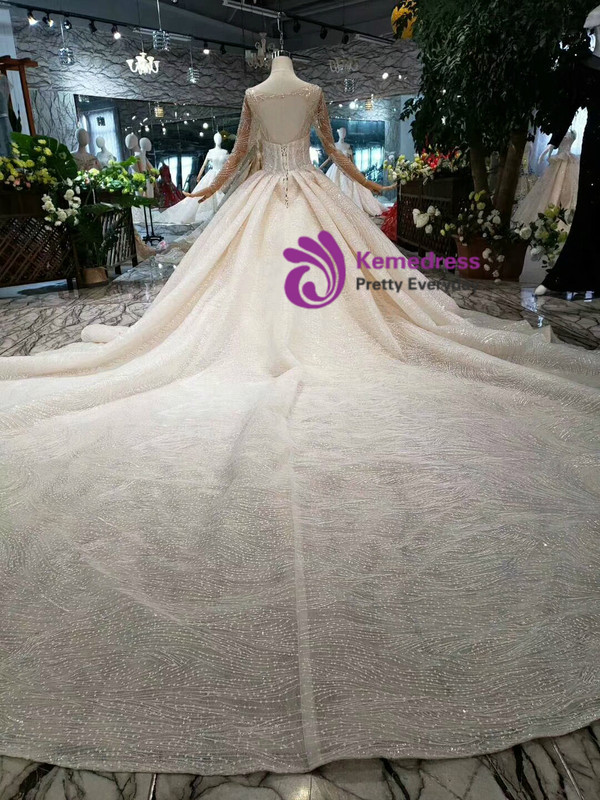 Shop 2019 Long & Short Champagne Tulle Sequins Bateau Long Sleeve Backless Wedding Dress With Factory Price From Kemedress